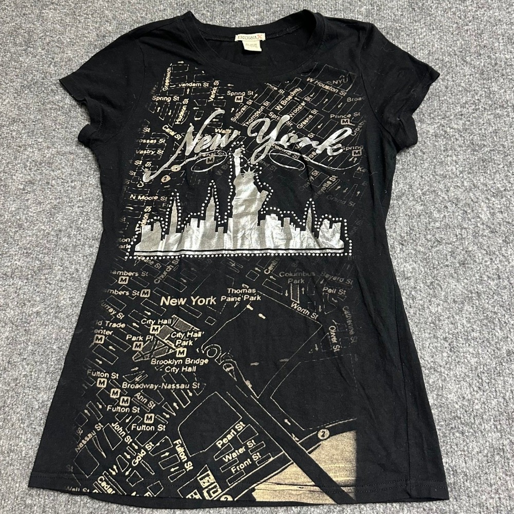 Exousia X T-Shirt Womens Size L Black New York City Skyline Map Rhinestone Slim